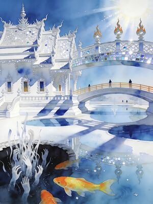 Chiang Rai Wat Rong Khun White Temple Watercolor Canvas Print