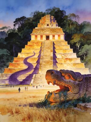Chichen Itza Kukulkan Pyramid Golden Hour Watercolor Canvas Print