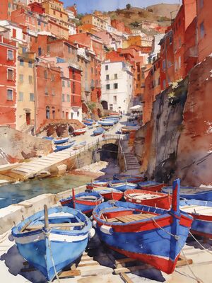 Cinque Terre Riomaggiore Harbor View Watercolor Canvas Print
