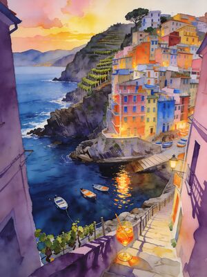 Cinque Terre Manarola Sunset Watercolor Canvas Print