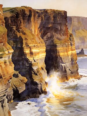 Cliffs of Moher in Golden Light Watercolor Canvas Print