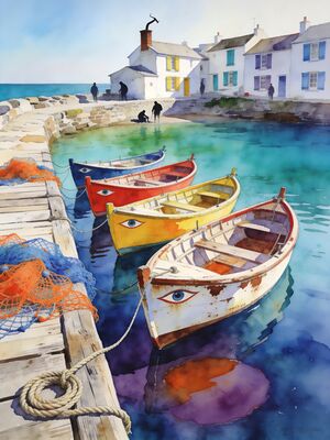 Coastal Beach Fishing Boats in Sheltered Bay Watercolor Canvas Print
