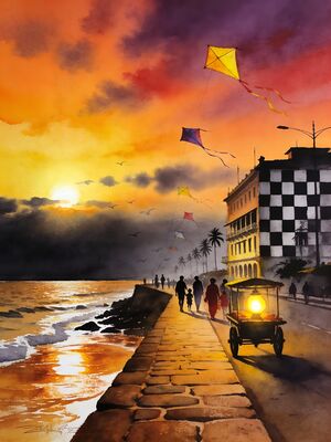 Colombo Galle Face Green Ocean Promenade Watercolor Canvas Print