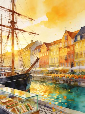 Copenhagen Torvehallerne Food Market Watercolor Canvas Print
