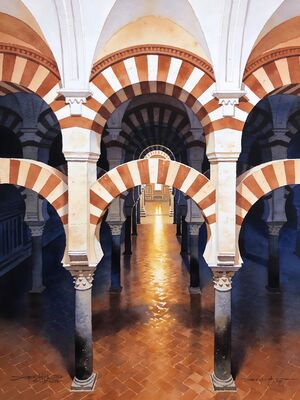Cordoba Mezquita Red-White Arches Interior Watercolor Canvas Print