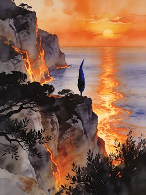 Corfu Paleokastritsa Sunset Coast Watercolor Canvas Print