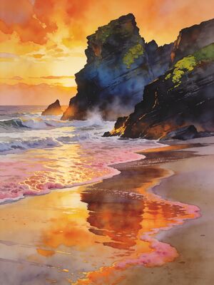 Cornwall Morning Cove Watercolor Canvas Print