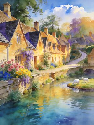 Cotswolds Bourton-on-the-Water Flower Bridge Watercolor Canvas Print