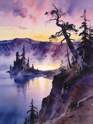 Crater Lake Wizard Island Rim Overlook Watercolor Canvas Print