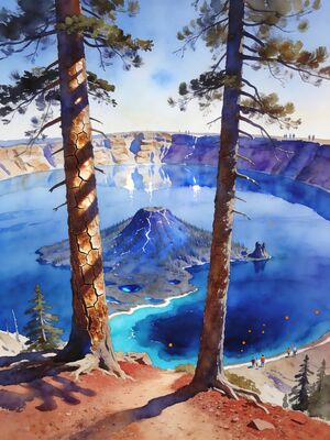 Crater Lake Phantom Ship Rock at Dawn Watercolor Canvas Print