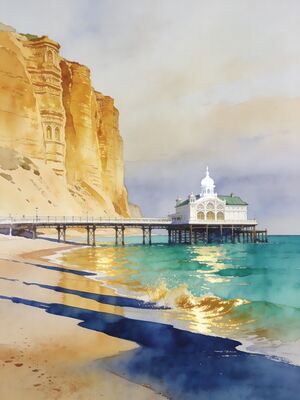 Cromer Beach Victorian Pier and Cliffs Watercolor Canvas Print