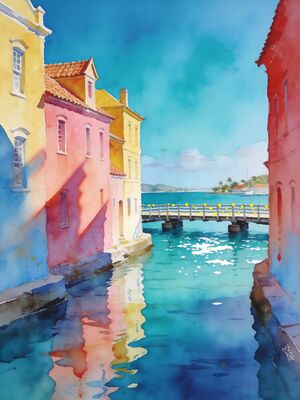 Curacao Punda District Colonial Walk Watercolor Canvas Print