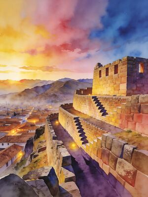 Cusco Sacsayhuaman Fortress at Sunset Watercolor Canvas Print