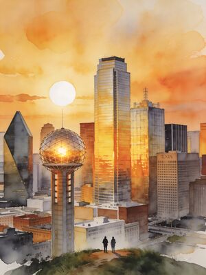 Dallas Cityscape Neon Night Glow Watercolor Canvas Print