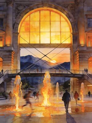 Denver Union Station Skyline Sunset Watercolor Canvas Print