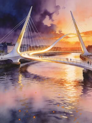 Derry Peace Bridge over River Foyle Watercolor Canvas Print