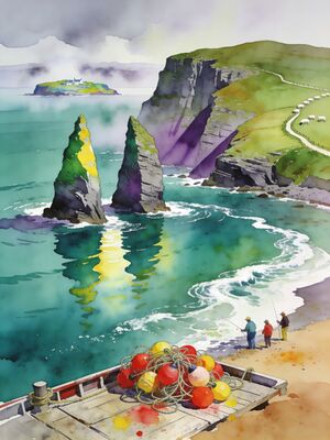 Dingle Harbour with Fishing Boats Watercolor Canvas Print