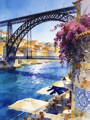 Douro Valley Village Square Pinhao Watercolor Canvas Print