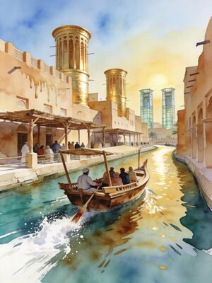 Dubai Old Creek Souk Traditional Abras Watercolor Canvas Print