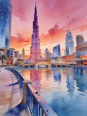 Dubai Palm Jumeirah Aerial View Watercolor Canvas Print