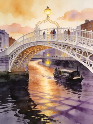 Dublin Hapenny Bridge over River Liffey Watercolor Canvas Print