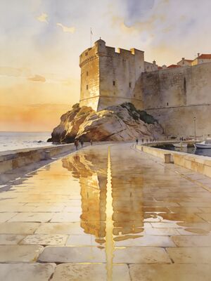 Dubrovnik City Walls Above Red Rooftops Watercolor Canvas Print