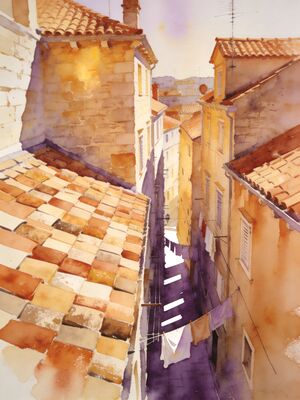 Dubrovnik Walls Walk Rooftop Panorama Watercolor Canvas Print