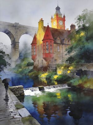 Edinburgh Castle Rock at Dusk Watercolor Canvas Print