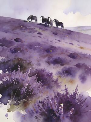Exmoor Purple Heather Moorland Valley Watercolor Canvas Print