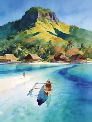 Fiji Islands Blue Lagoon and Traditional Village Watercolor Canvas Print