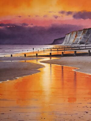 Filey Beach at Golden Sunset Watercolor Canvas Print