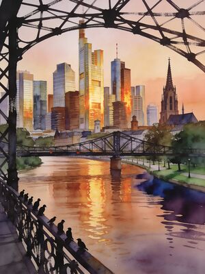Frankfurt Mainhattan Skyline from River Watercolor Canvas Print