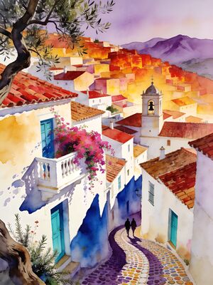 Frigiliana White Village Andalusia Watercolor Canvas Print
