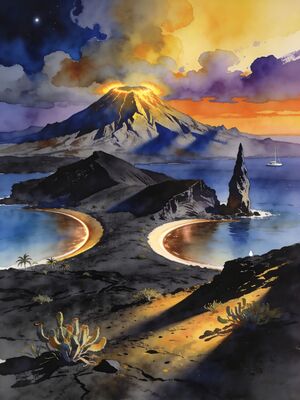 Galapagos Pinnacle Rock Bartolome Sunset Watercolor Canvas Print
