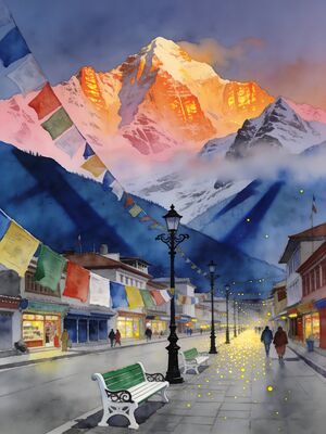 Gangtok MG Marg Promenade Watercolor Canvas Print