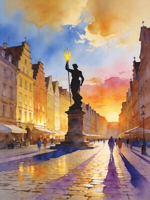 Gdansk Long Market and Neptune Fountain Watercolor Canvas Print