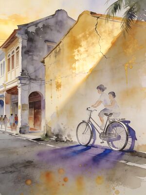 George Town Penang Armenian Street Murals Watercolor Canvas Print
