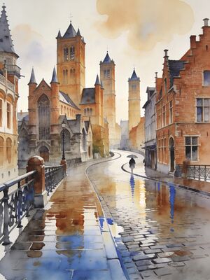 Ghent Three Towers Sunset Skyline Watercolor Canvas Print