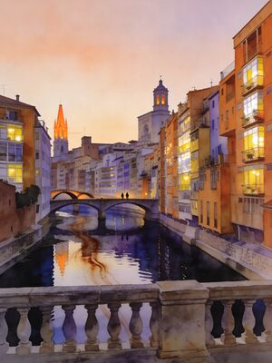 Girona Onyar River Colorful Houses Watercolor Canvas Print