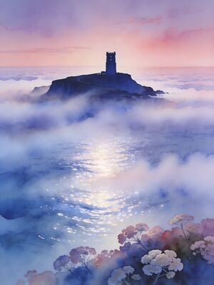 Glastonbury Tor Tower in Golden Light Watercolor Canvas Print
