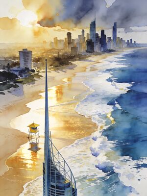 Gold Coast Surfers Paradise Skyline from Beach Watercolor Canvas Print