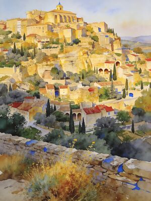 Gordes Perched Village Provence Watercolor Canvas Print