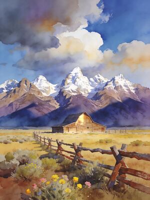 Grand Teton Schwabacher Landing Reflection Watercolor Canvas Print