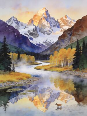Grand Teton Oxbow Bend Sunrise Watercolor Canvas Print