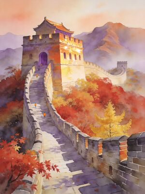 Great Wall Mutianyu Autumn Watchtowers Watercolor Canvas Print