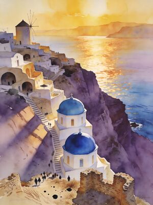 Greek Islands Golden Sunset Coast Watercolor Canvas Print