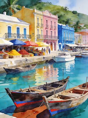 Guadeloupe Pointe-a-Pitre Harbor Watercolor Canvas Print