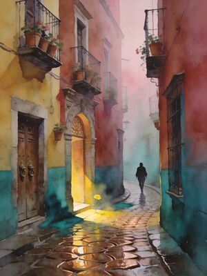 Guanajuato Historic Quarter Cobblestone Walk Watercolor Canvas Print