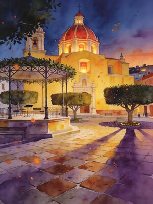 Guanajuato Church and Town Plaza Watercolor Canvas Print