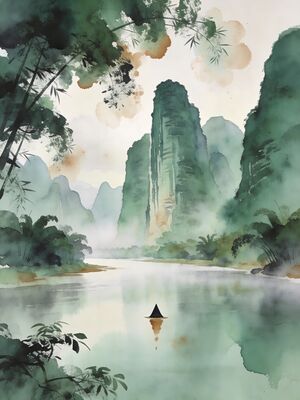 Guilin Li River Karst Mountains Watercolor Canvas Print